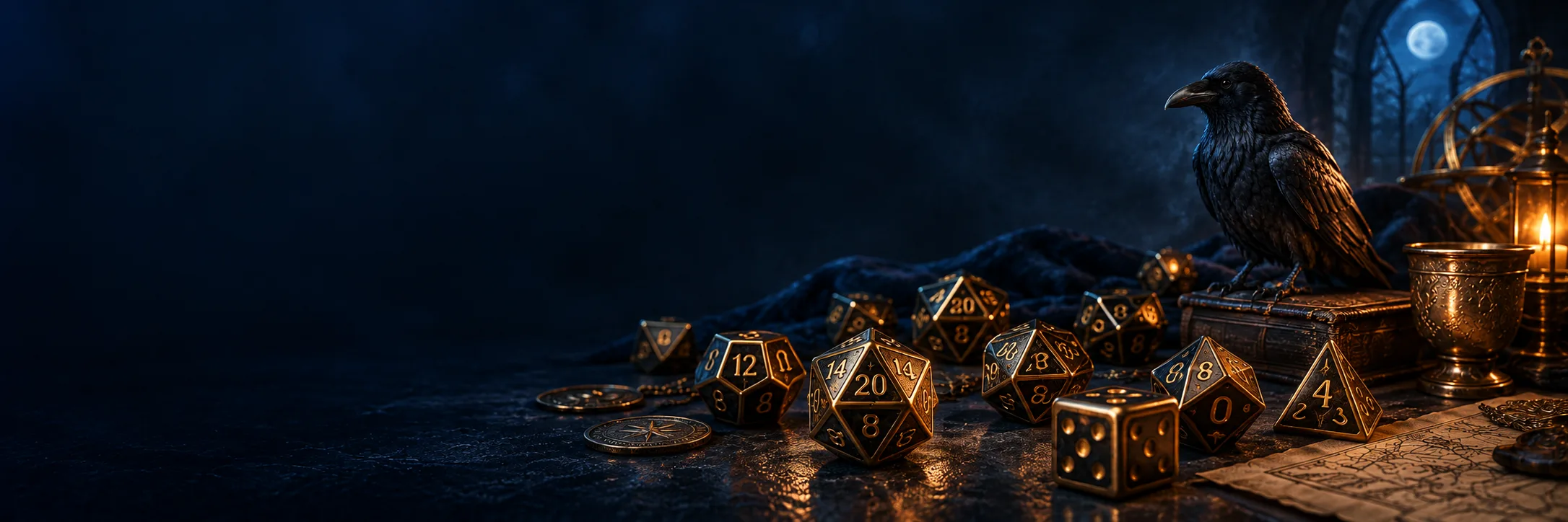 A raven beside golden tabletop dice