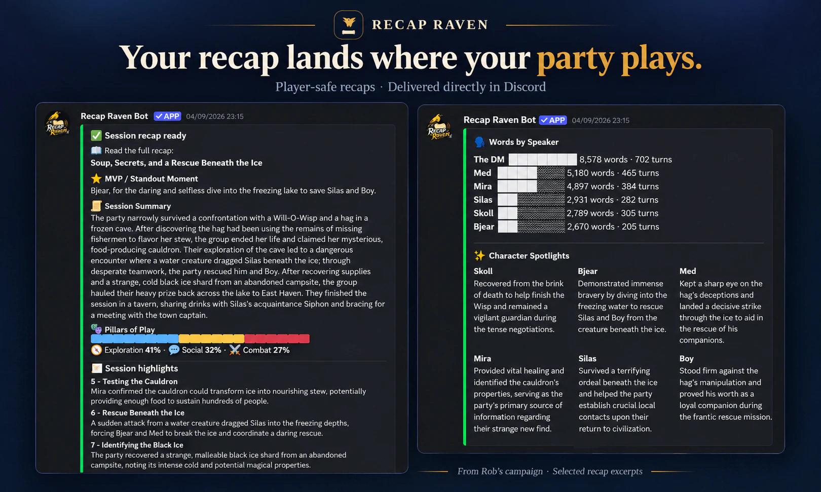 Recap Raven Discord messages showing a session summary, highlights, words by speaker and character spotlights.