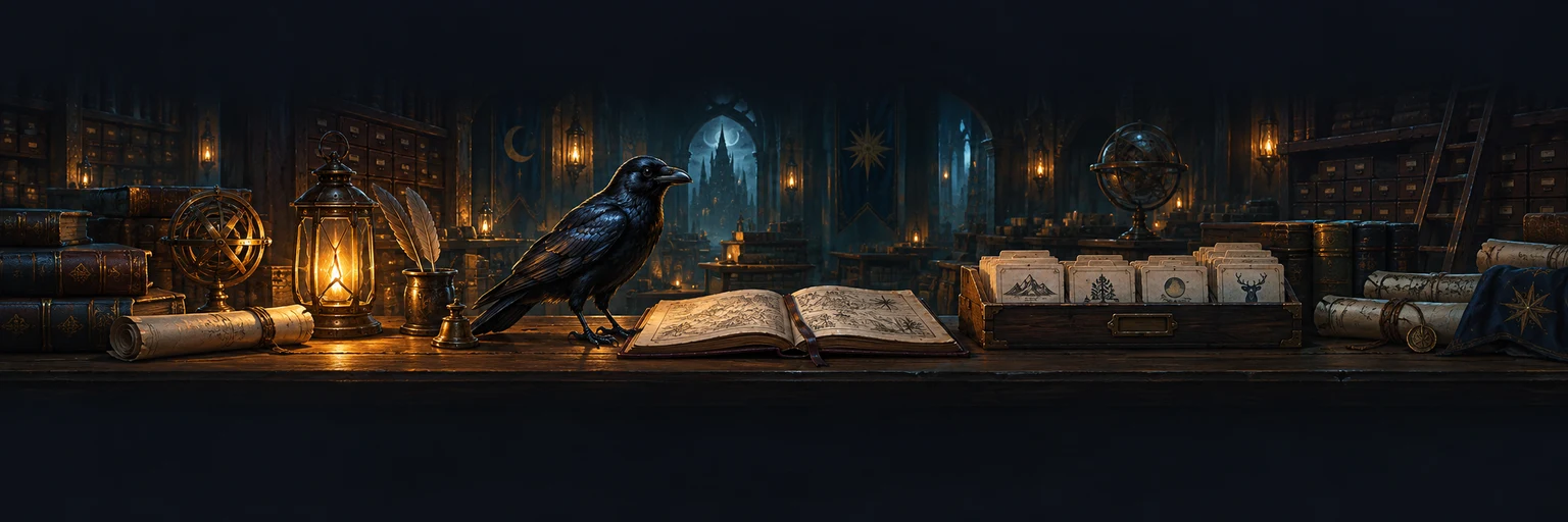 A raven beside an open campaign chronicle and index cards in a lantern-lit archive
