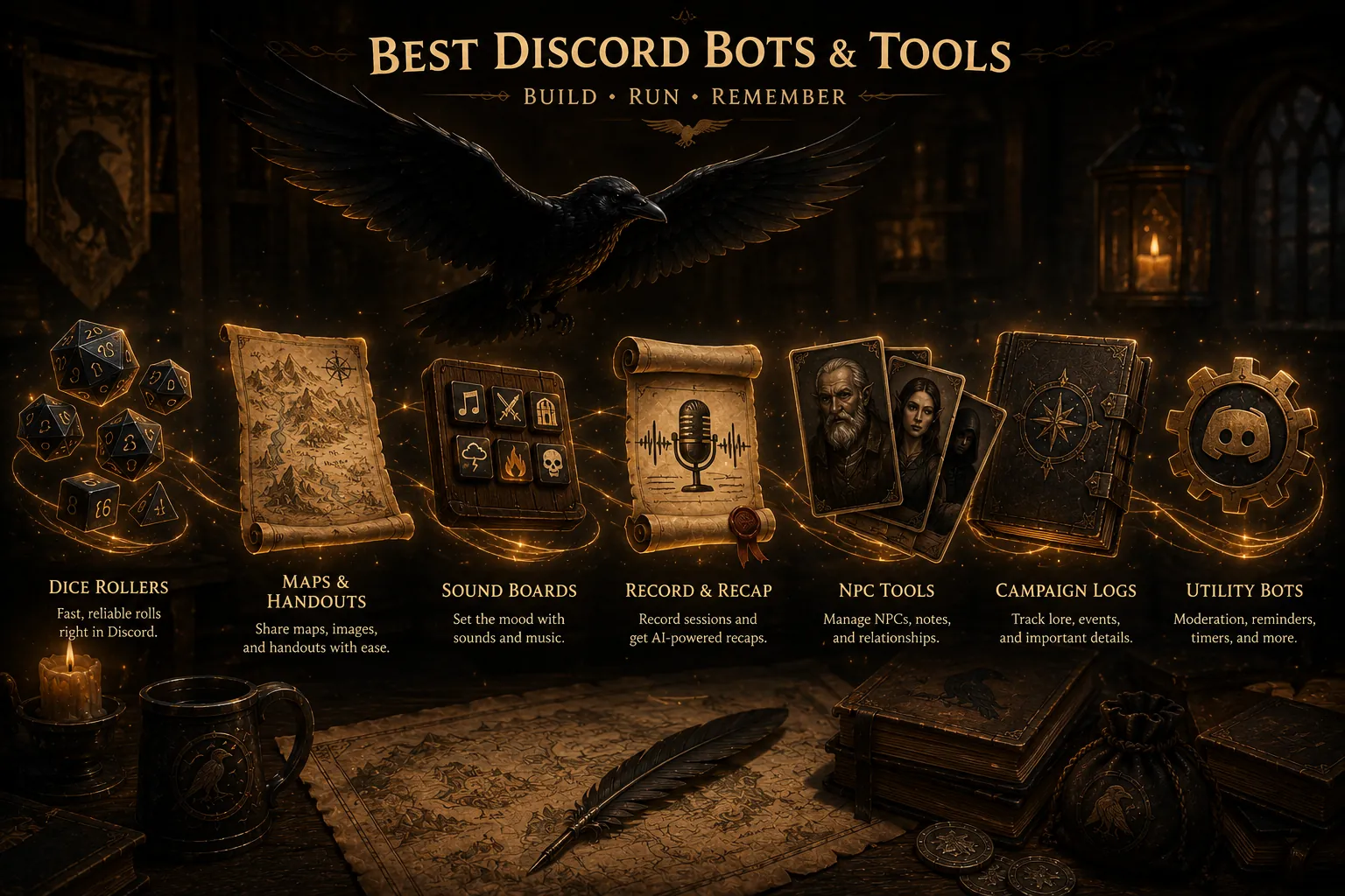 A “Best Discord Bots & Tools” banner with a raven over a row of labelled tool icons: dice rollers, maps and handouts, sound boards, record and recap, NPC tools, campaign logs and utility bots