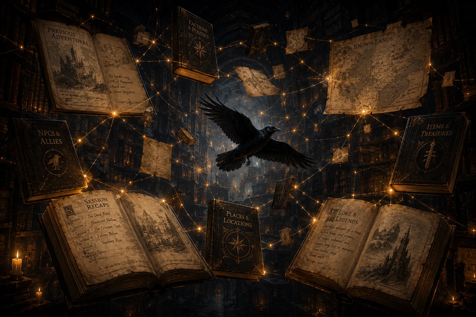 A raven amid floating, interlinked tomes (session recaps, NPCs, places, items and lore), depicting a campaign’s connected memory