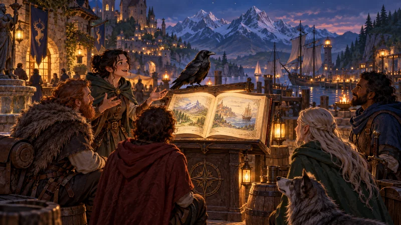 Travellers gather around an open adventure chronicle in a town square