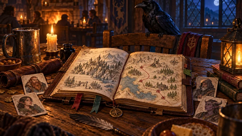 A campaign journal with character cards, a map and quest markers beside a raven