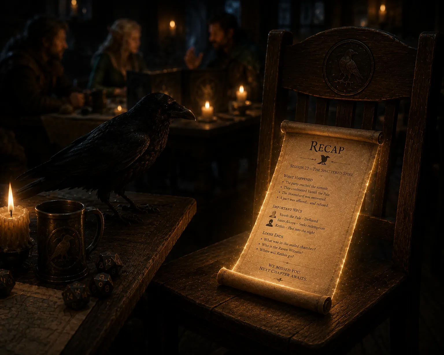 A glowing recap scroll for “Session 23” resting on a chair, listing what happened, important NPCs and loose ends, in a candlelit tavern with a raven