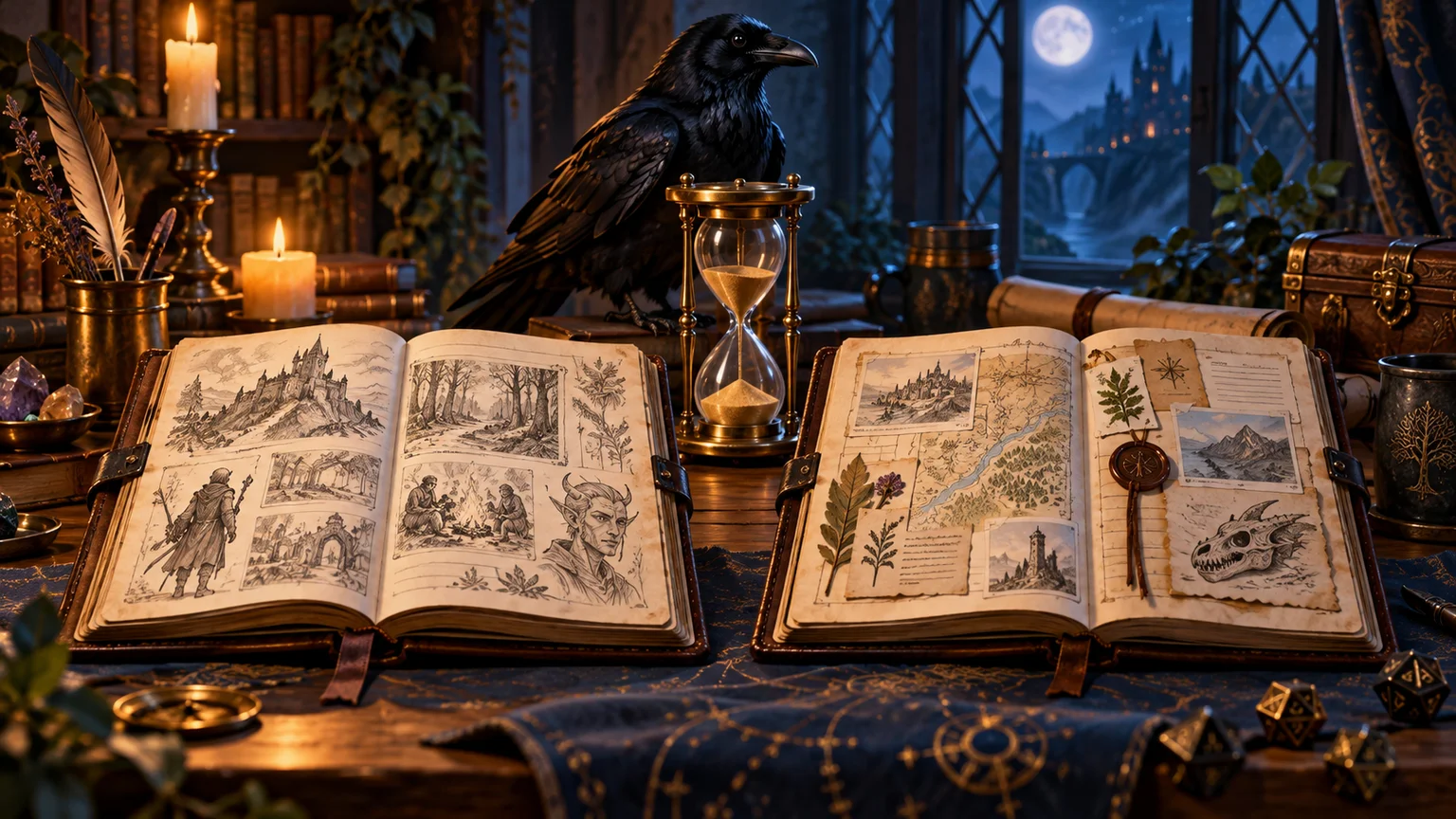 Two campaign chronicles beside an hourglass and a raven