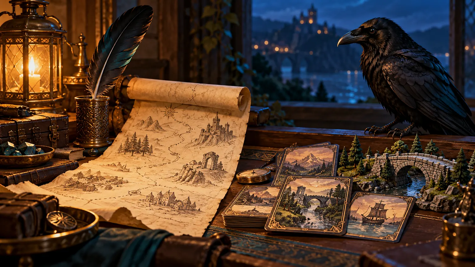 A raven beside a quill, illustrated scroll and miniature stone bridge