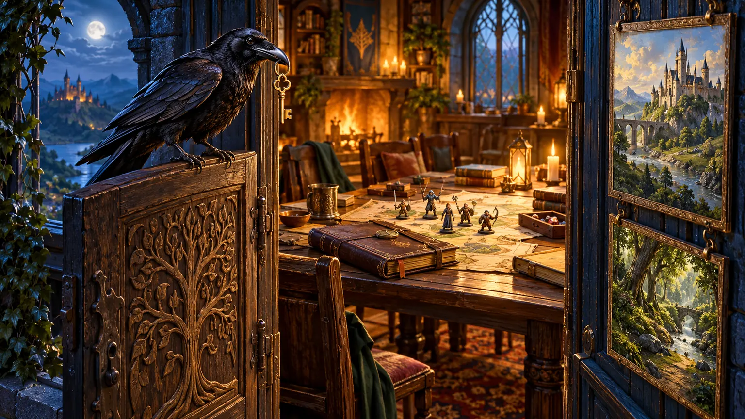 A raven carrying a brass key beside an open doorway to a prepared gaming table