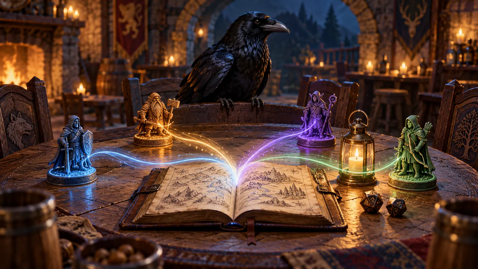 Four adventurer tokens send coloured threads of light into a journal beside a raven