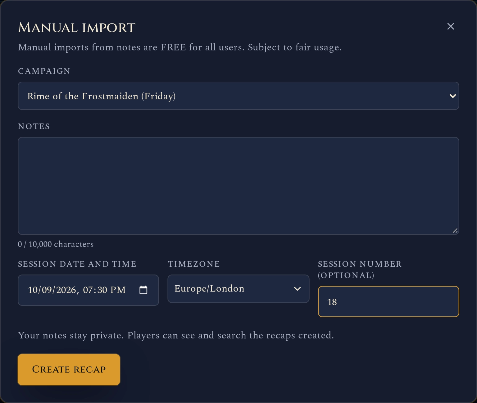 The free manual import form in Recap Raven