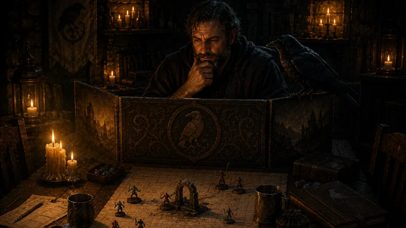 A dungeon master deep in thought behind a raven-embossed GM screen at a candlelit table, a raven perched at his shoulder