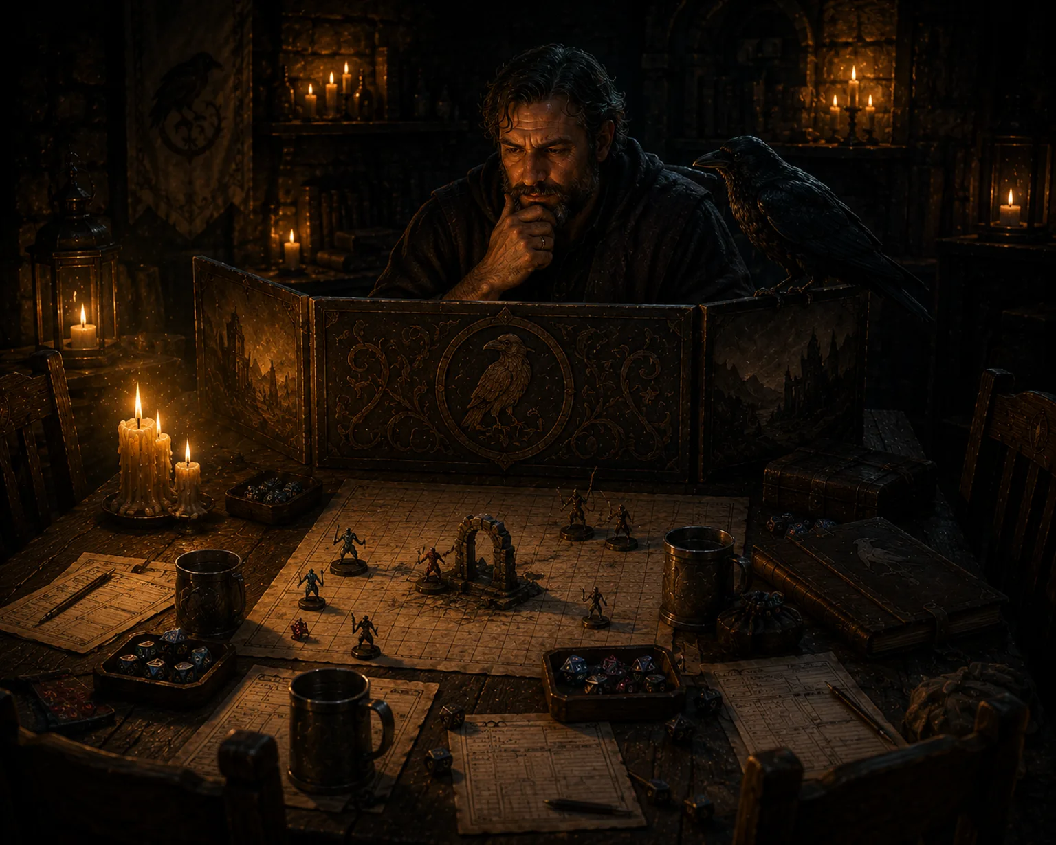 A dungeon master deep in thought behind a raven-embossed GM screen, a raven perched at his shoulder, at a candlelit table of battle maps, dice and empty player chairs
