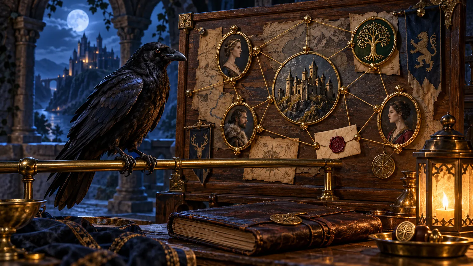 A raven beside a campaign board with portraits and places connected by gold threads