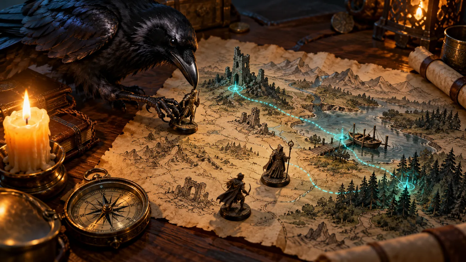 A raven moves an adventurer miniature across a candlelit campaign map