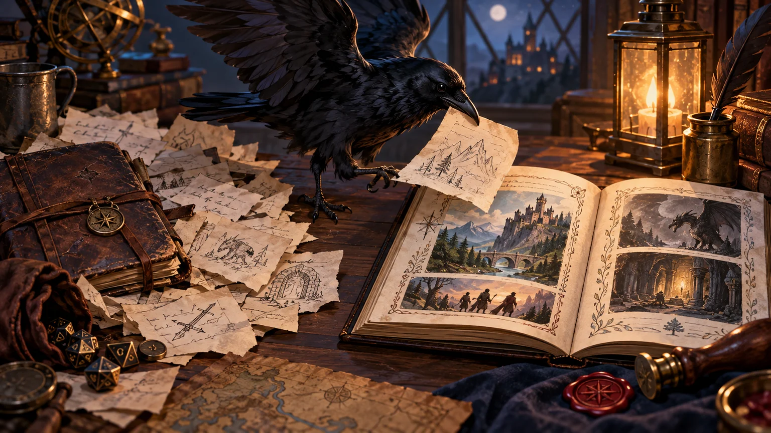 A raven carries scattered notes towards an adventure chronicle
