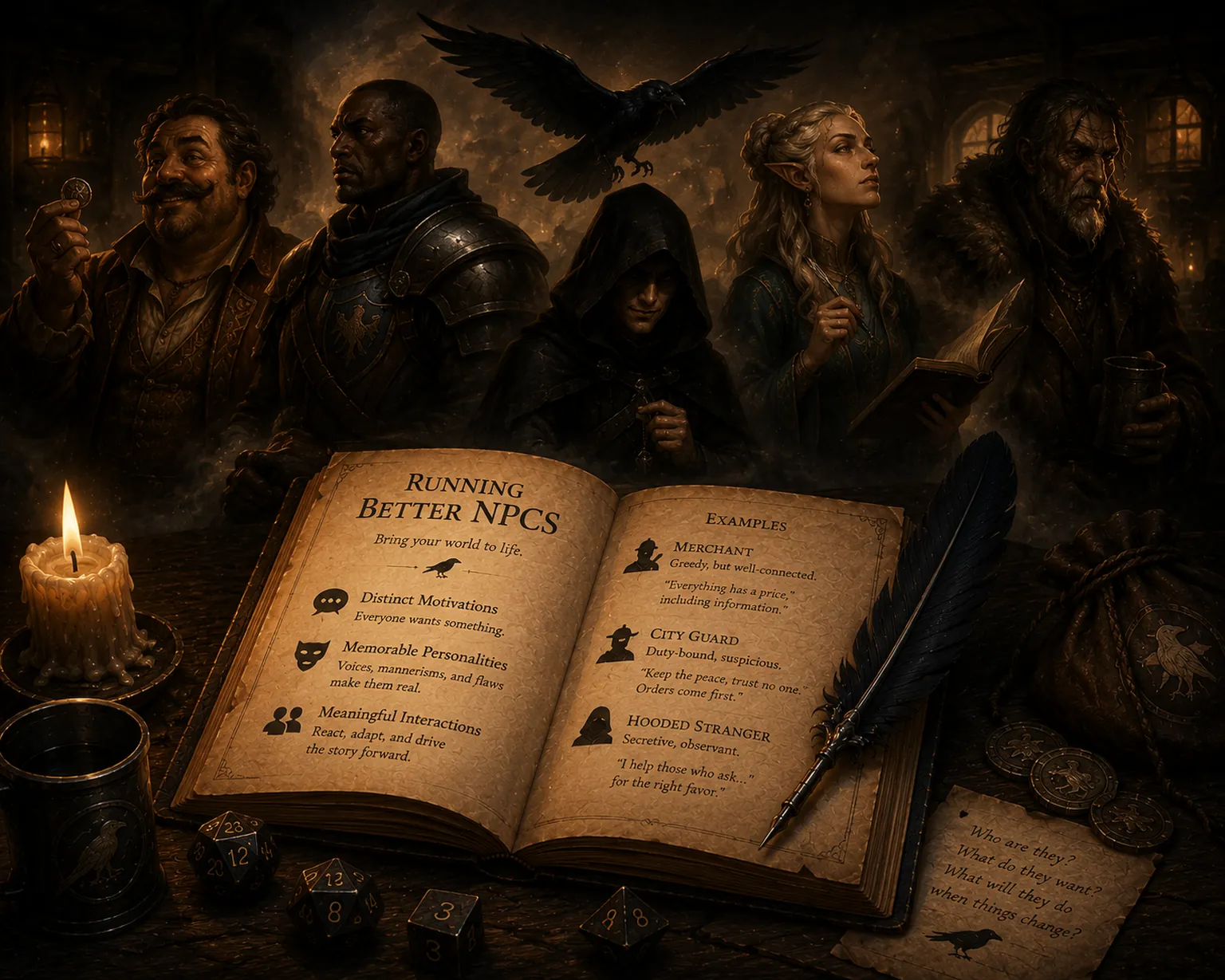 An illustration of distinct fantasy NPCs behind an open “Running Better NPCs” tome listing their motives and personalities, with a raven overhead