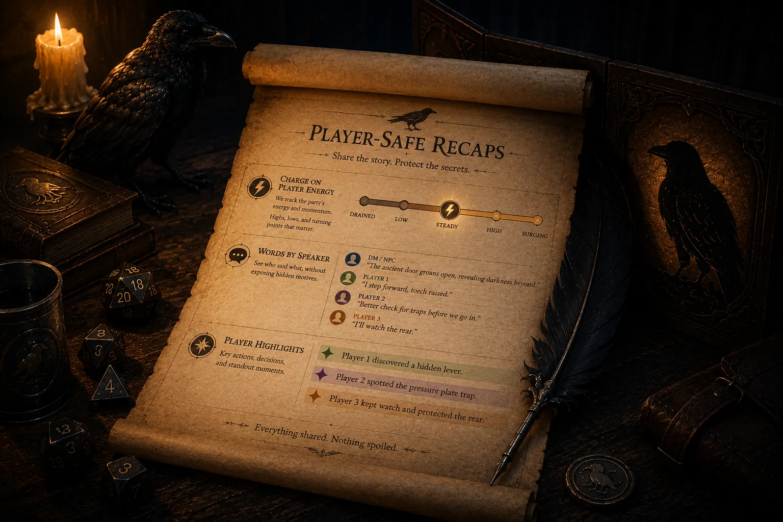 An illustrated “Player-Safe Recaps” scroll showing a player-energy meter, words by speaker and player highlights, captioned “Everything shared, nothing spoiled”, watched by a raven