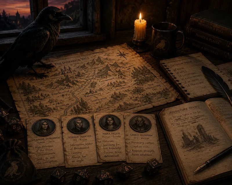 Illustration for prepping a D&D session with NPC cards