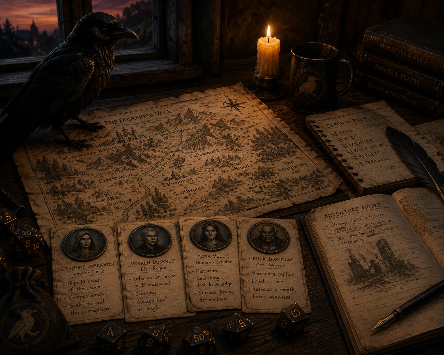A candlelit prep desk with a region map, NPC cards bearing token portraits and motives, a “Session Prep” checklist and an “Adventure Hooks” journal, watched by a raven