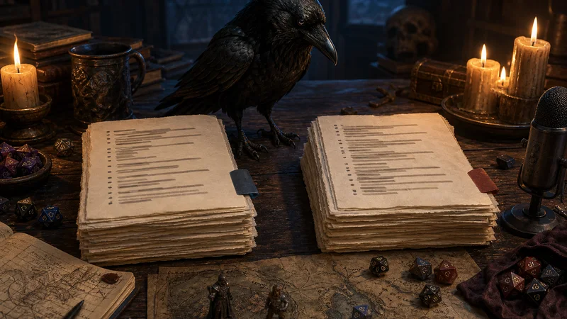 A raven comparing two stacks of session notes on a candlelit gaming table