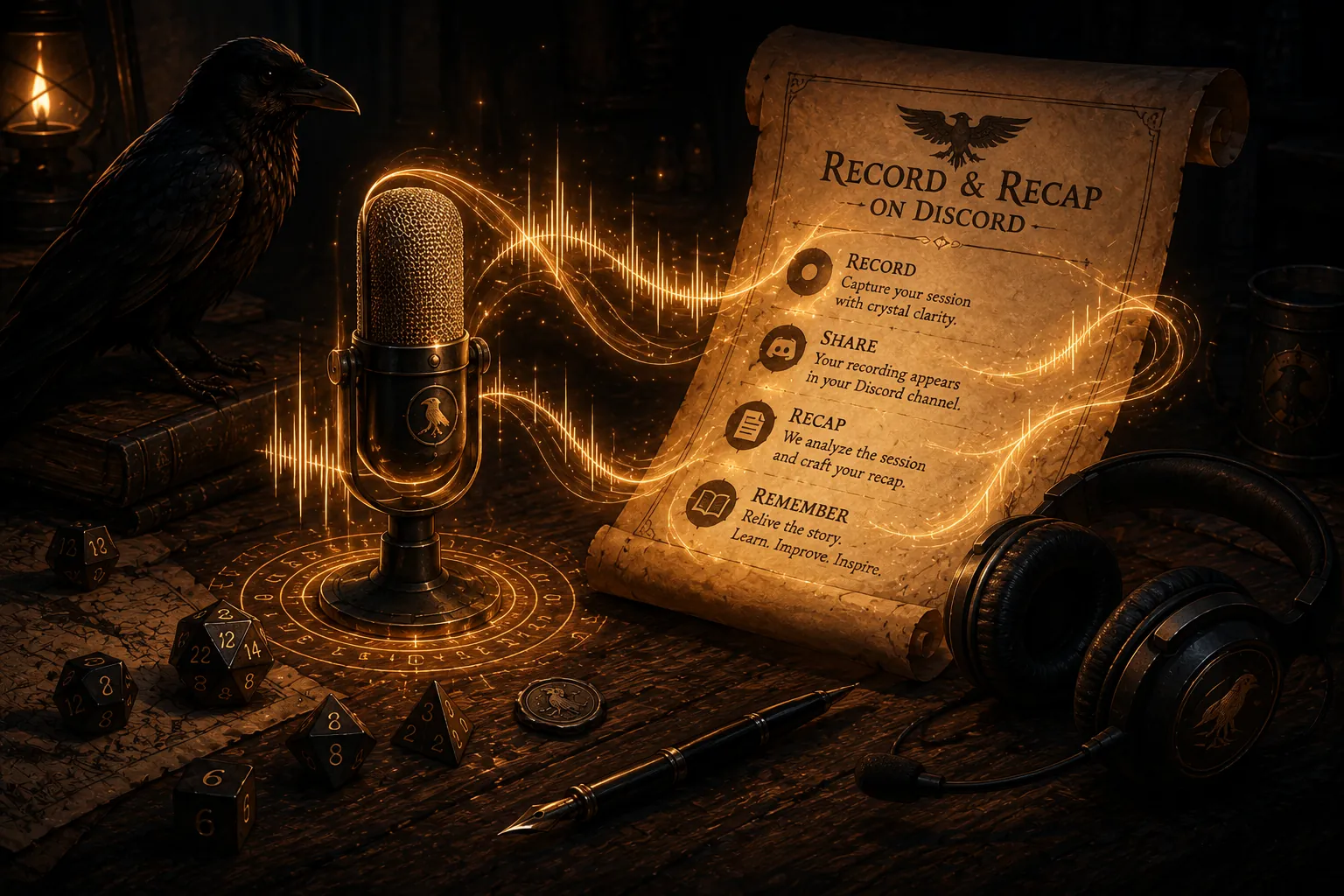 An illustration of a glowing microphone beside a “Record & Recap on Discord” scroll (record, share, recap, remember), with headphones, dice and a raven