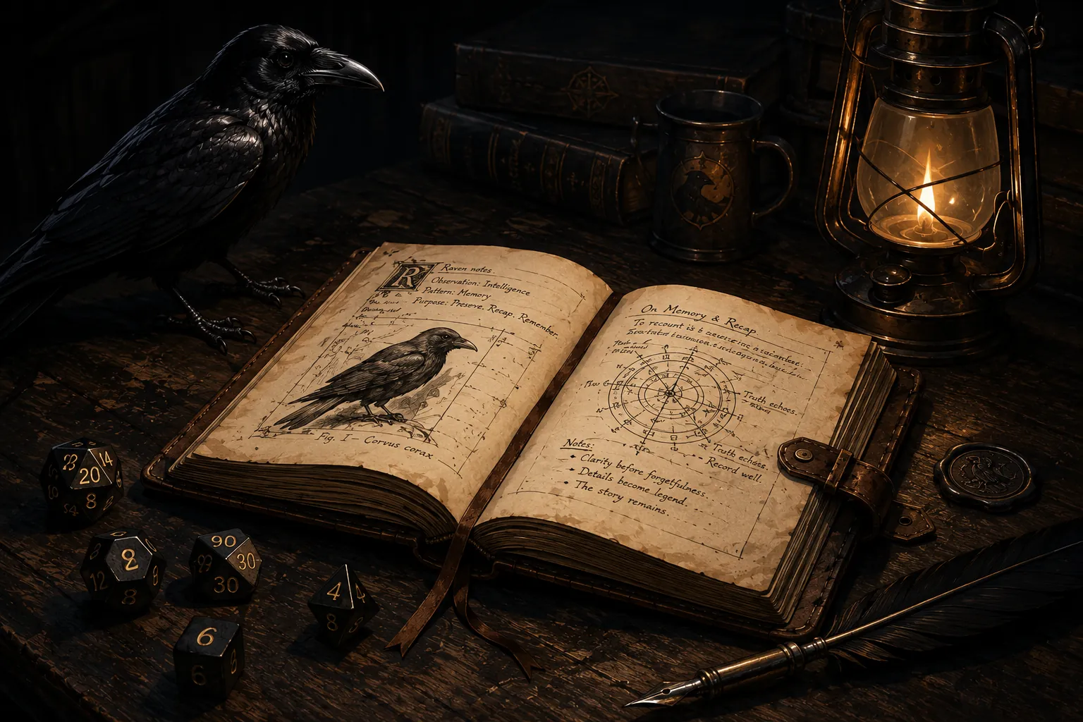 A lantern-lit illustration of a raven beside an open journal headed “On Memory & Recap”, with polyhedral dice and a quill