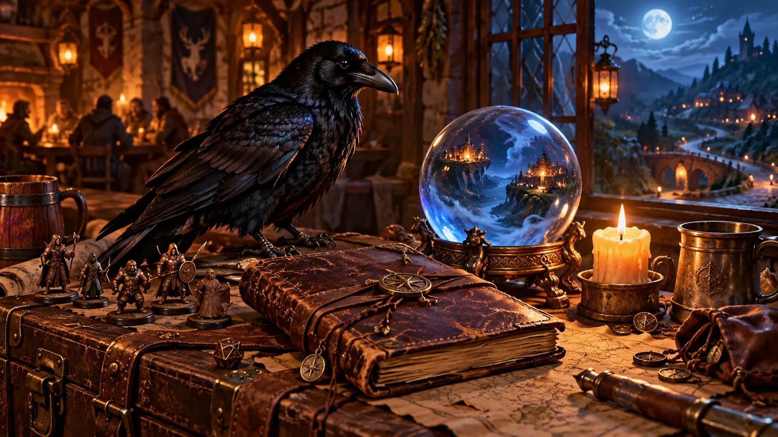 A raven with a travel journal and glowing blue orb in a lantern-lit inn