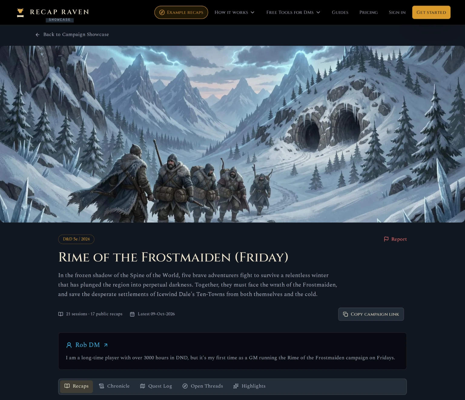 Public Showcase page for Rob’s Rime of the Frostmaiden Friday campaign, with its introduction, GM profile and recap navigation