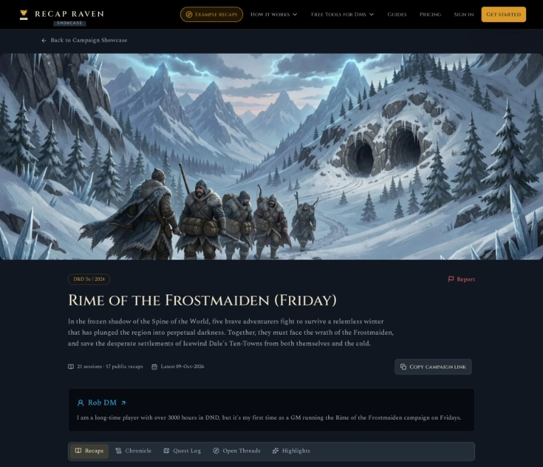 Rob’s Rime of the Frostmaiden public campaign page in Recap Raven Showcase