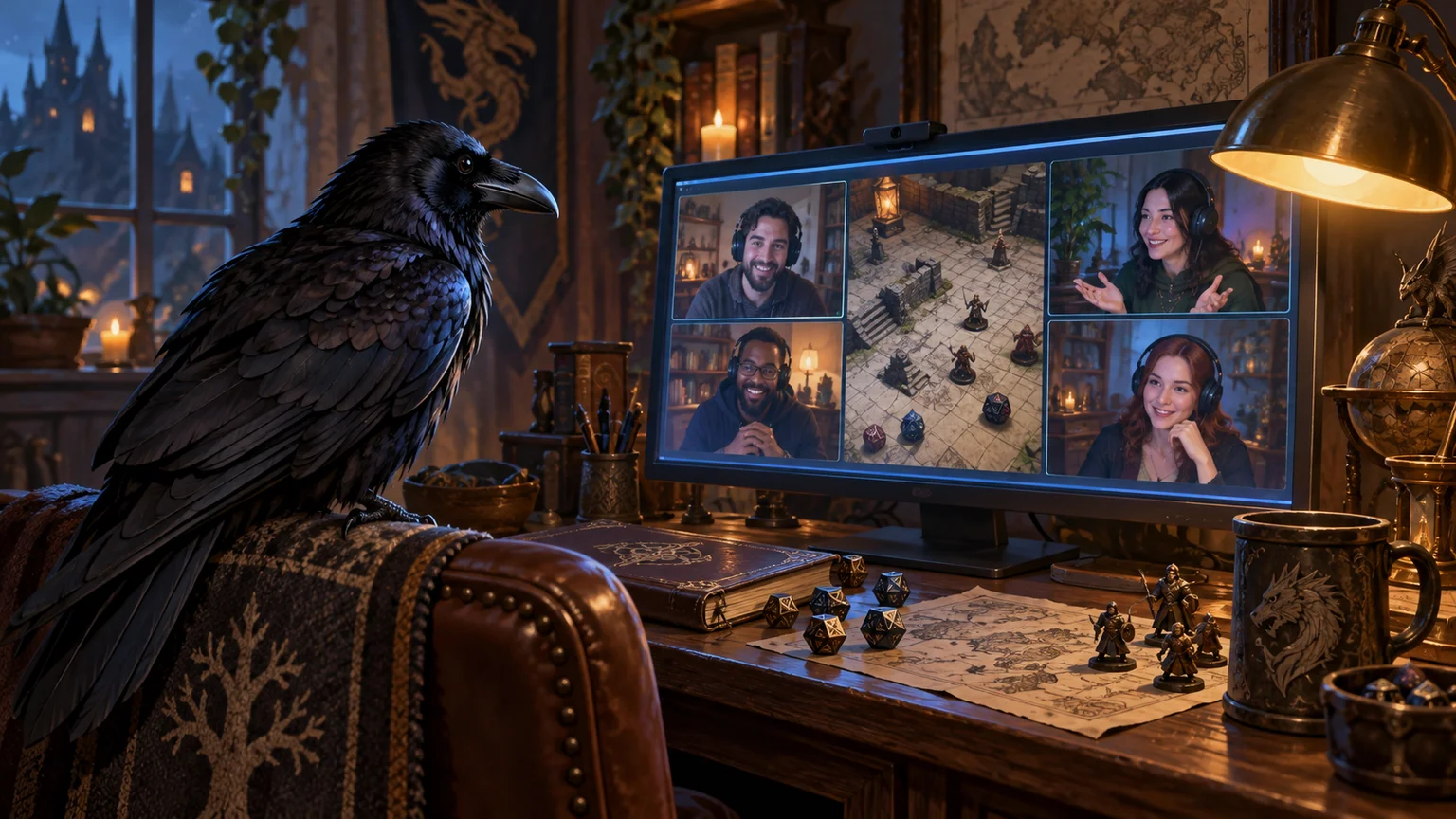 A raven watches a tabletop RPG livestream on a monitor