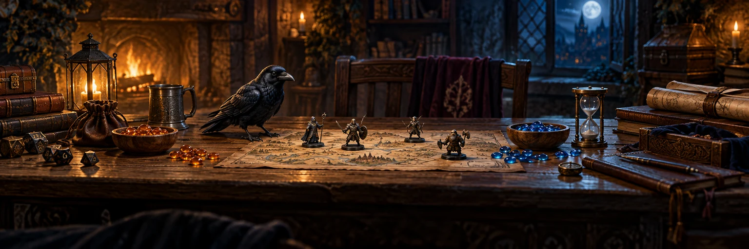 A raven watches a tabletop with adventurer miniatures, an hourglass and amber and blue participation counters
