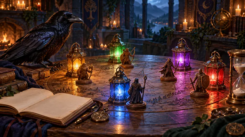 A raven overlooking distinct player tokens around a shared campaign journal