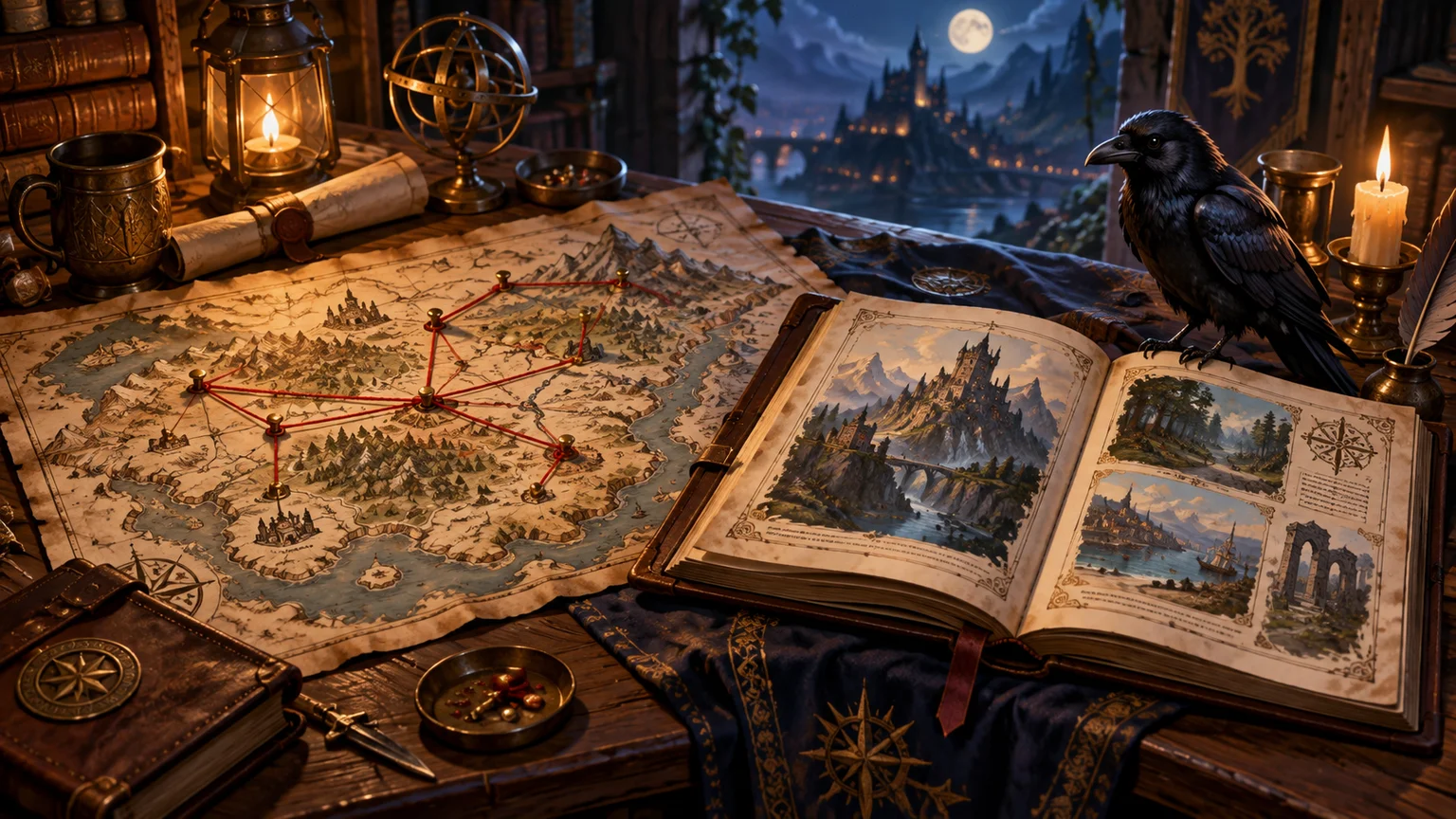 A map linked by threads and an illustrated campaign chronicle