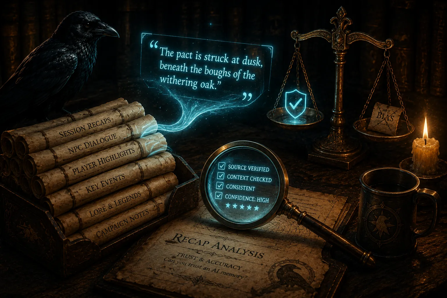A raven beside a glowing cited quote, a magnifier reading “source verified, context checked, consistent, confidence: high”, and scales weighing truth against bias, titled “Recap Analysis: Trust & Accuracy”