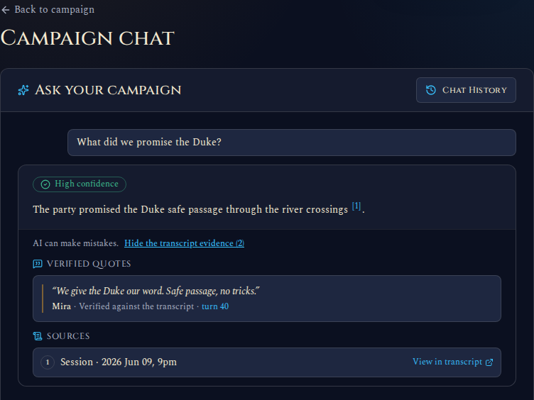 Recap Raven campaign answer with an expanded source quote and View in transcript link