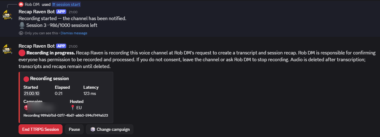 Recap Raven Discord bot recording announcement and session controls
