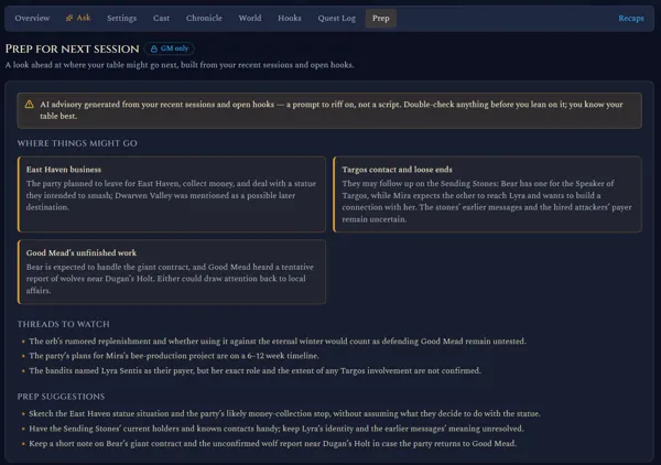 Recap Raven GM-only session prep showing possible next steps, threads to watch and prep suggestions from the founder’s campaign