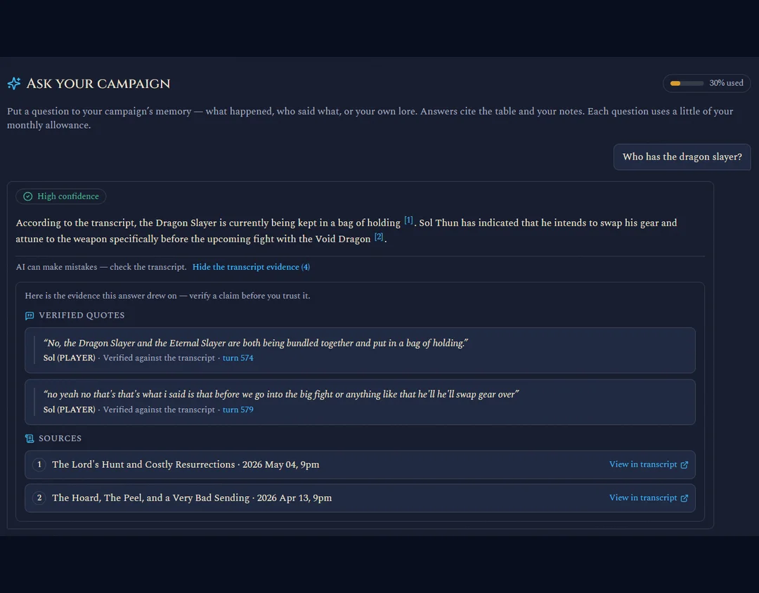 Recap Raven answering a campaign question with the exact transcript quote shown as evidence.