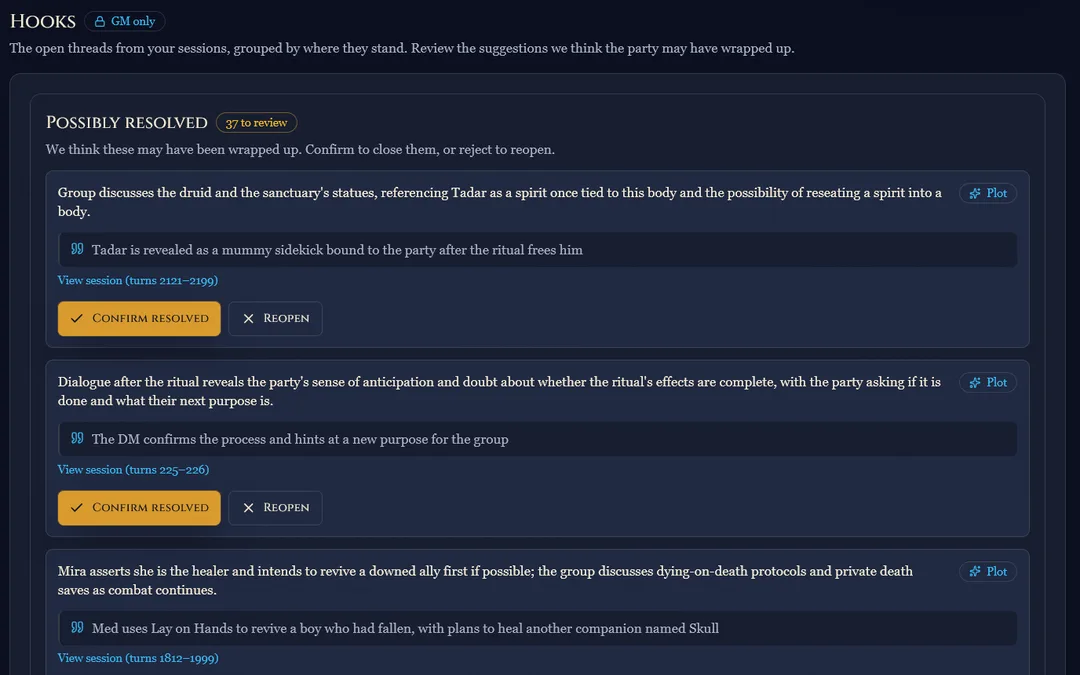 Recap Raven hooks review showing potentially resolved threads, source evidence, and resolution controls.