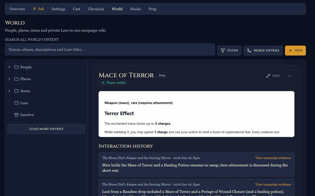 Recap Raven Campaign World showing an editable player-visible item, world folders, and transcript-linked interaction history.
