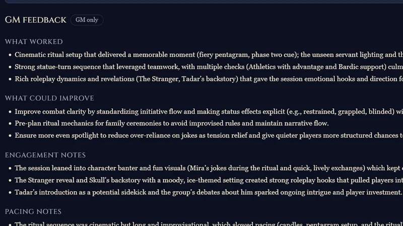 Recap Raven private GM feedback with improvement notes and a next-session action.