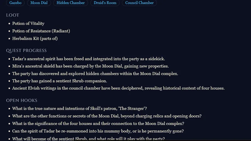 Recap Raven GM summary showing quest progress and open hooks from one session.