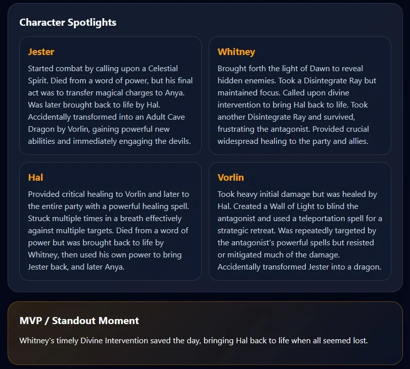 Recap Raven character spotlight report showing memorable player moments and MVP beats.
