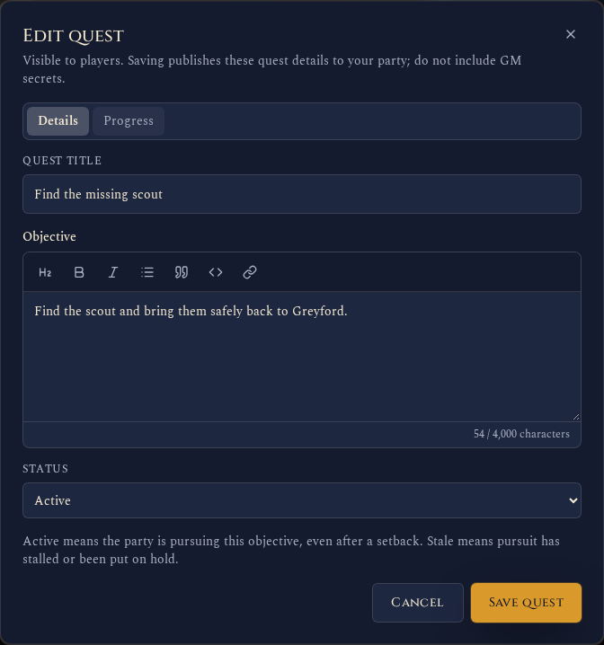 Recap Raven quest editor with title, objective, status and a separate Progress tab