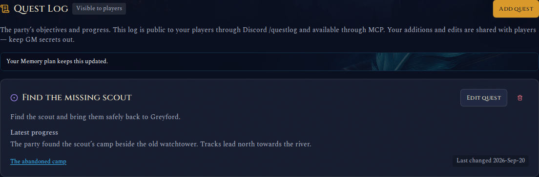 Quest Log showing Find the missing scout, its objective, active status, latest progress and session source