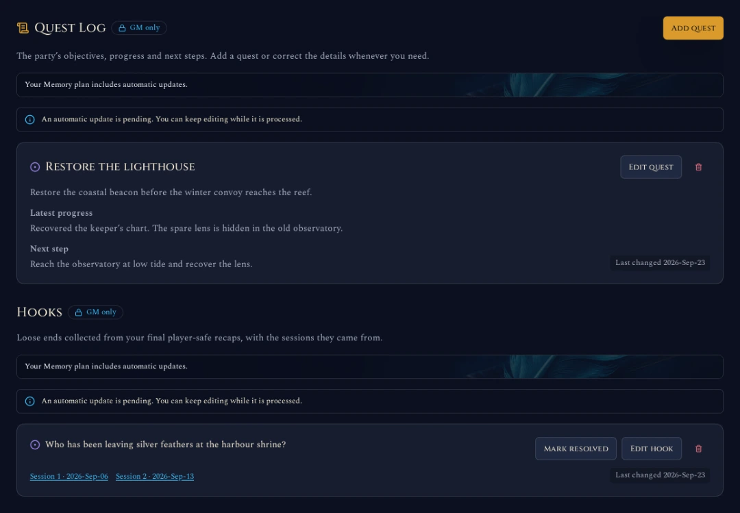 Actual Recap Raven Quest Log and Hooks tabs: an editable lighthouse quest above a consolidated recap hook with session sources and a resolve control.