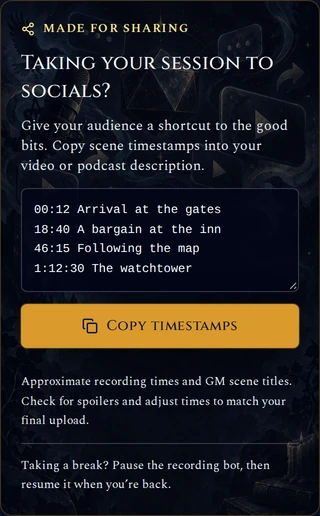 Recap Raven scene timestamps panel with recording times, scene titles and Copy timestamps button