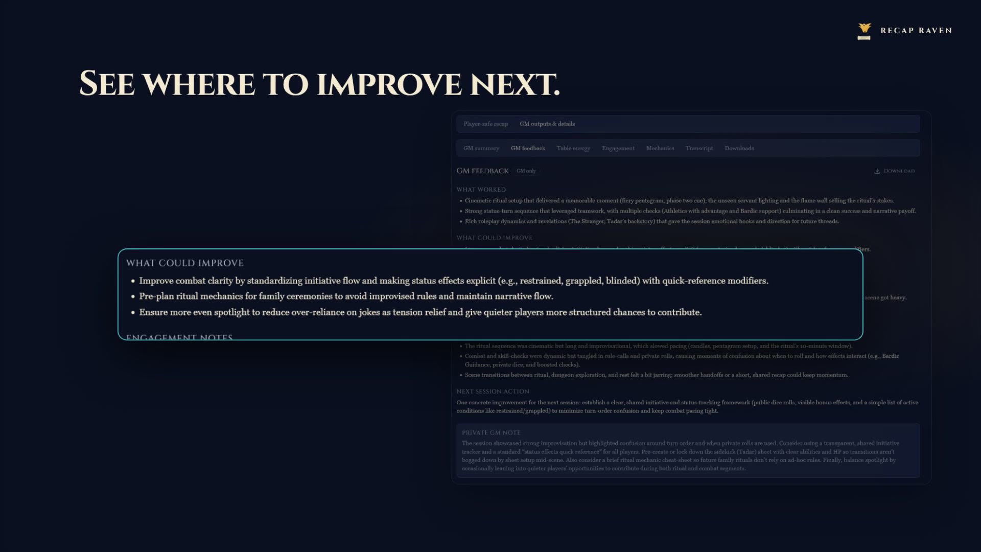 Recap Raven GM feedback shown after a Discord session
