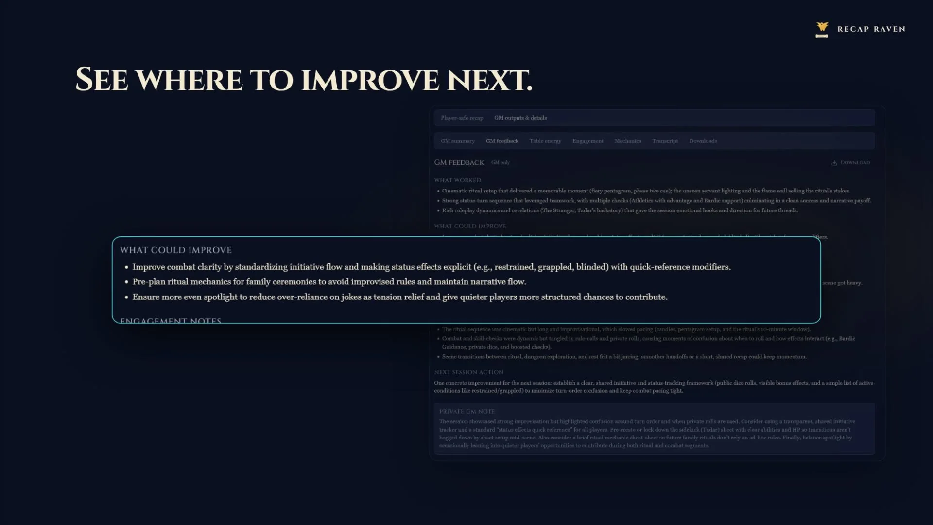 Recap Raven GM feedback shown after a Discord session